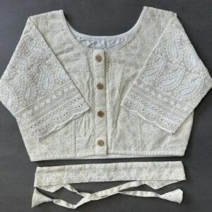 Designer White Embroidered Cotton Party Wear Blouse